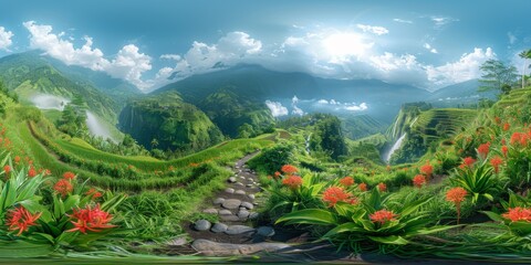 Canvas Print - An immersive 360-degree panorama of the serene rice terraces of Bali, Indonesia, with emerald-green fields, cascading waterfalls, and