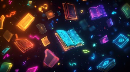 Sticker - Neon-lit ancient books float on a gradient black-to-orange background wallpaper