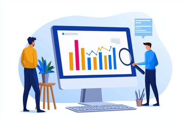 Poster - People working in flat modern offices on web reports dashboard monitors and business finance investment design concepts