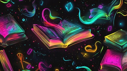 Sticker - Mystical books glow with neon lights on a black-to-yellow gradient wallpaper