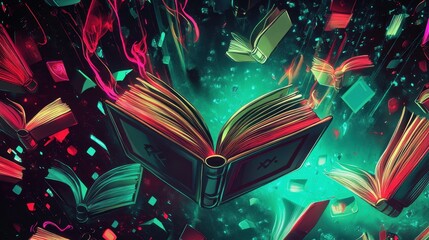 Sticker - Books glow with neon arcane symbols on a dark background wallpaper