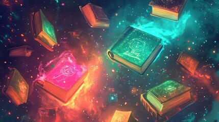 Sticker - Books with glowing arcane symbols float on a blue-to-orange background wallpaper