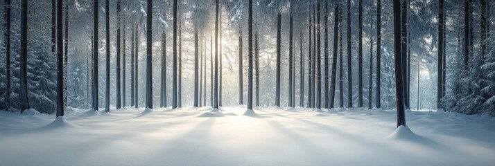 Poster - Snowy forest scene illuminated by soft morning sunlight. Ideal as a Christmas or New Year backdrop, embodying the spirit of winter.