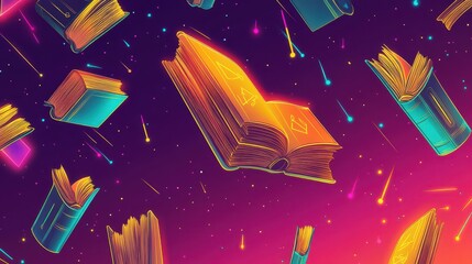 Canvas Print - Books glow with neon arcane symbols on a purple-to-orange gradient wallpaper