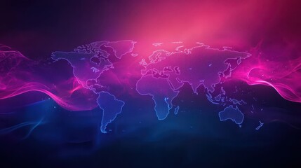 Sticker - Stylized world maps with neon continents float on a blue-to-pink background wallpaper