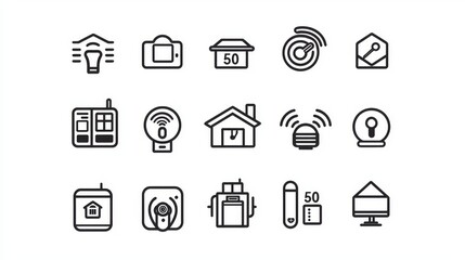 Poster - 50 smart home outline icons featuring remote control, domestic life, security system, home automation, and wireless technology.