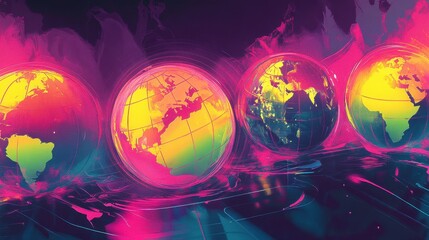 Wall Mural - Stylized neon maps and globes float on a blue-to-bright pink background wallpaper