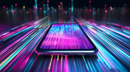 Poster - Hand-held modern mobile phone with a bright screen, showing AI technologies