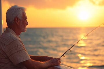 Elderly man with white hair, wearing a casual shirt and shorts, fishing from a pier at sunset with the sea in the background 2