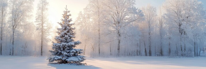 Poster - Wide winter landscape with frosted trees and decorated Christmas tree in the center, glowing warmly under a soft morning light.