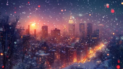 Snowy Winter Evening in Cityscape with Warm Glow and Beautiful Skyline Lighting