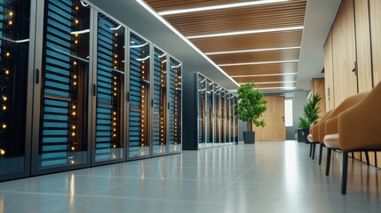 Poster - In this image, a row of rack servers is viewed with LED lights blinking and computers are working.