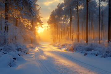 A tranquil forest covered in fresh snow at dawn, with soft morning light illuminating the trees and creating a magical ambiance.

