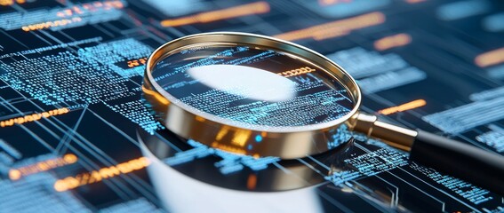 Using an optical magnifying glass, you can view colorful bar graphs over a digital financial chart with high-tech data analysis