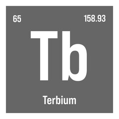 Terbium, Tb, periodic table element with name, symbol, atomic number and weight. Rare earth metal with various industrial uses, such as in certain types of lighting and as a component in certain types