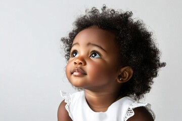 African baby girl with curly hair and dark skin, sitting on a white background 2