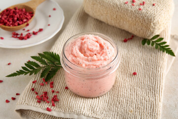 Canvas Print - Jar of natural body scrub, freeze-dried raspberries and bath sponge on light table