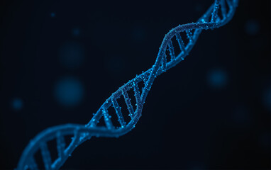 Close-up of a section of DNA helix in imaginary space on a dark background.