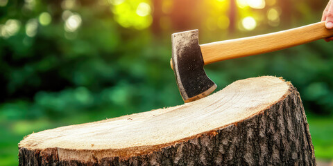 Axe hitting the cut wood tree stump in forest, copy space. Cutting wood, work of a woodcutter, making firewood for heating