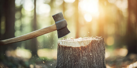 Axe hitting the cut wood tree stump in forest, copy space. Cutting wood, work of a woodcutter, making firewood for heating