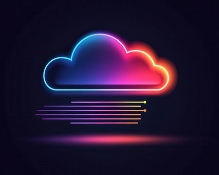 A vibrant neon cloud icon with colorful outlines and light trails on a dark background, Cloud technology and data storage concepts.