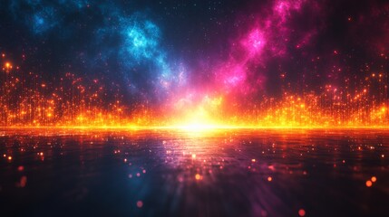 Poster - A stunning cosmic landscape showcases a brilliant nebula illuminated with vibrant blues, pinks, and oranges, reflecting on a serene surface, evoking a sense of wonder and beauty in the universe.