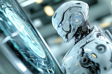 Poster - a robot representing advanced technology and advanced stocks in a modern environment while surrounde