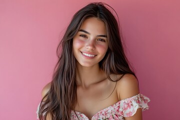 Young Latino woman with long brown hair, wearing a summer dress, looking happy on a pink background 2