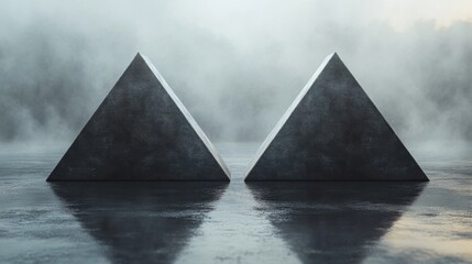 Two large, dark pyramids stand side by side amidst swirling fog at twilight, their reflections clearly visible on the calm water, creating a serene yet enigmatic atmosphere.