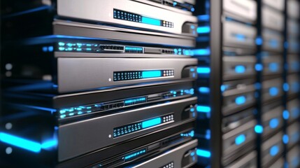 Poster - a modern interior server room data center with dark servers. backup, mining, hosting, mainframe, far