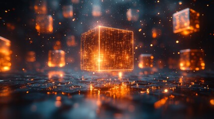 Leinwandbilder - Floating cubes emit a warm glow, surrounded by a mystical background filled with soft light reflections, creating a digital atmosphere.