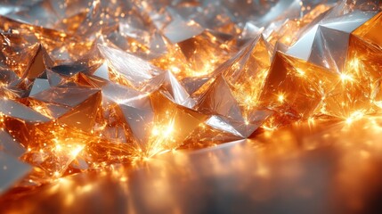 Fototapete - A vibrant array of crystals in shades of silver and gold creates a striking visual effect as light reflects off their surfaces, capturing a dynamic and abstract appearance.