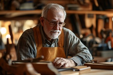 Wall Mural - An elderly man participating in woodworking workshops, crafting furniture and decorative items as a creative outlet and for personal satisfaction 1