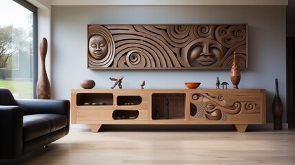 A stunning wooden cabinet featuring intricately carved ancient faces, perfect for adding a unique touch to a minimalist living room.