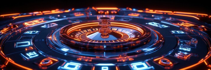 Fototapete - A roulette table features bright neon numbers, creating a lively ambiance during a thrilling game at the casino. Generative AI