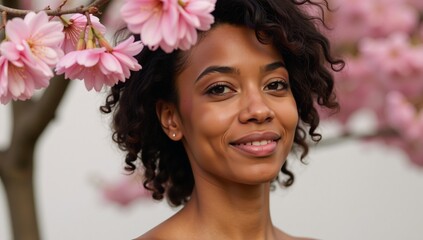 A beautiful Black woman adorns a vibrant spring setting beneath a blooming tree in a promotional portrait for skincare products highlighting her glowing hydrated skin