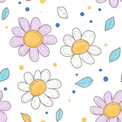 Wall Mural - Colorful Hand-Drawn Daisy Flower Pattern for Design Backgrounds