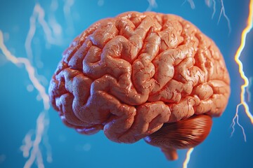 Poster - Blue background with electrical activity and flashes in a human brain.