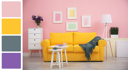 Wall Mural - Stylish living room with comfortable sofa near pink wall. Interior design and matching color palette