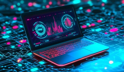 Poster - 3D isometric modern of financial data and analysis elements on a laptop screen. Finance graphs, trading data and charts. Business concept.