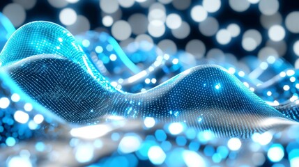 Poster - The wave of particles is formed by an abstract particle. The data visualization is backed by an abstract digital background. The rendering is in 4k.