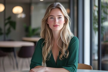 young woman with blonde hair, wearing a green dress, sitting at a round table, brainstorming session