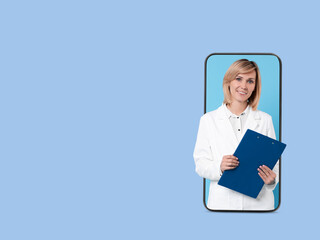 Canvas Print - Online medical consultation. Doctor with clipboard on smartphone screen against light blue background, space for text