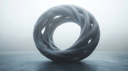 Leinwandbilder - A striking abstract sculpture forms a twisted ring, crafted from textured material. It stands prominently in a misty environment, emphasizing its unique shapes.