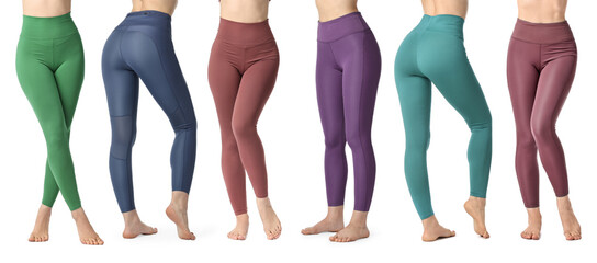 Sticker - Women posing in different yoga leggings on white background, closeup. Collage of photos