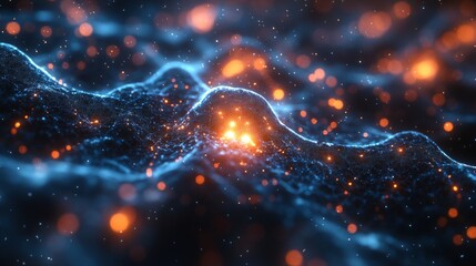 Poster - Colorful glowing particles dance atop vibrant waves in an abstract landscape, creating a captivating visual experience that evokes a sense of wonder.