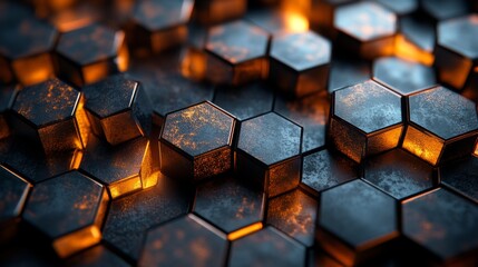 Leinwandbilder - The composition features a dark, hexagonal metal surface with glowing accents, creating a striking modern design that highlights texture and form.