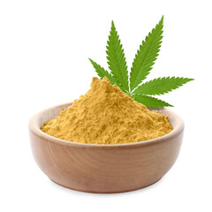 Sticker - Hemp protein powder and leaf in bowl on white background