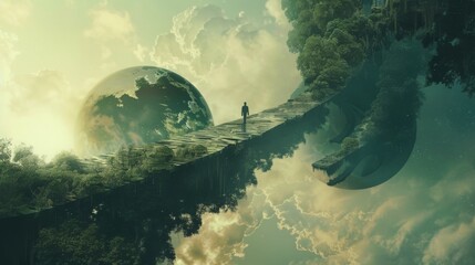 A lone figure walks along a path suspended between two planets, surrounded by clouds and lush greenery.