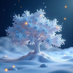 A blue Christmas tree is lit up with lights and is standing in the snow. Concept of warmth and holiday cheer, as the tree is surrounded by a snowy landscape